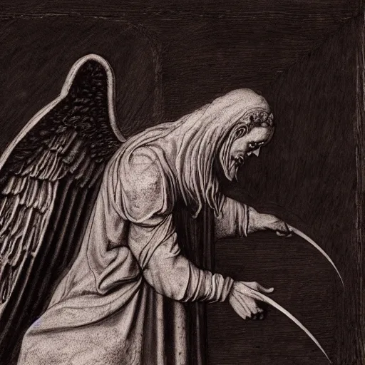 Prompt: drawing of lucifer with dark wings holding a scale, digital art, detailed, by leonardo da vinci