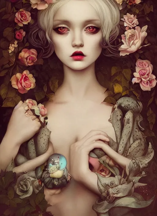 Image similar to pop surrealism, lowbrow art, realistic cute seductive female painting, romantic gown, hyper realism, muted colours, rococo, dorian clevenger, natalie shau tom bagshaw, mark ryden, trevor brown style,