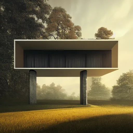 Image similar to rectangular modernist house inspired by a tibetan palace, surrounded by thick collumns, two levels, in a field, big trees, clouds, dramatic lighting, artstation, matte painting, raphael lacoste, simon stalenhag, frank lloyd wright, drone view
