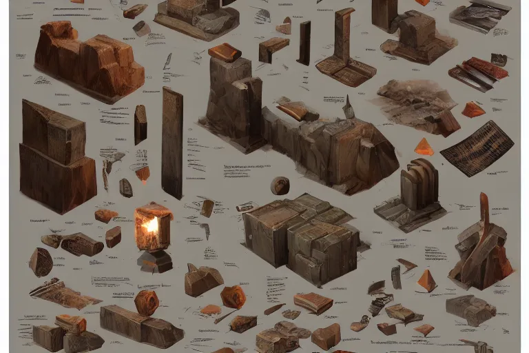 Prompt: schematic diagram of axes, dwarven, materials, built, book, page, detailed, cross section, trending on artstation, cgsociety, Ralph McQuarrie and Greg Rutkowski