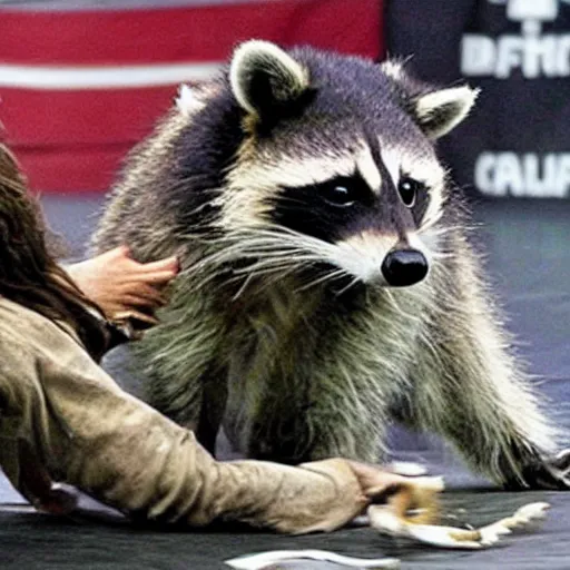 Image similar to raccoon beats captain Jack sparrow in jiu jitsu