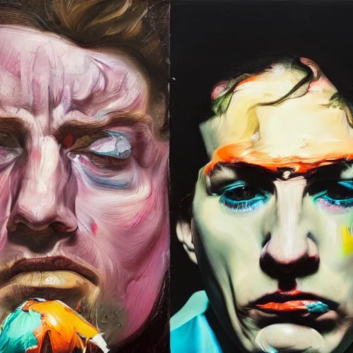 Image similar to high quality high detail painting of two extremely angry men by lucian freud and jenny saville and francis bacon and malcom liepke and nicola samori, hd, anxiety, turquoise and purple and orange and pink, dark atmosphere