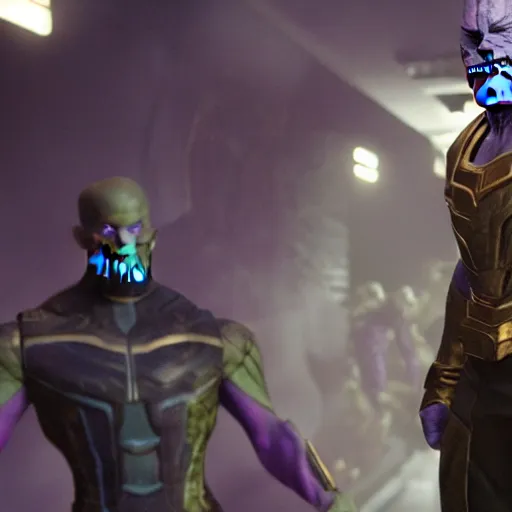 Image similar to Thanos in the backrooms, cinematic, horror