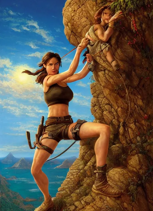 Prompt: Lara Croft climbing a rock, golden hour, Lilia Alvarado, Sophie Anderson, Mark Arian, Bob Byerley, Charlie Bowater, Mark Brooks, Steve Henderson, Justin Gerard, Arthur Hughes, Edward Robert Hughes, Mark Keathley, Victor Nizovtsev, Carlos Shwabe, Ross Tran, WLOP