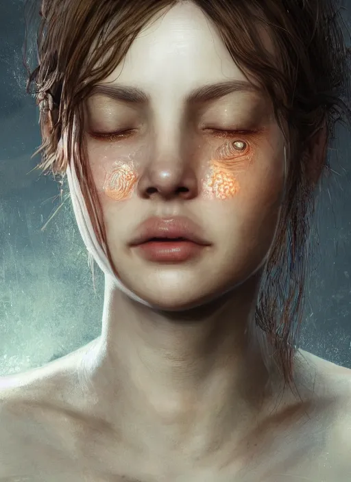 Prompt: a female looking directly while her left eye is closed and the other is open, naturel, hyper detailed, digital art, trending in artstation, cinematic lighting, studio quality, smooth render, unreal engine 5 rendered, octane rendered, art style by klimt and nixeu and ian sprigger and wlop and krenz cushart