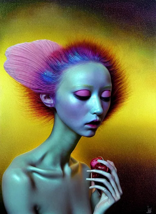 Prompt: hyper detailed 3d render like a Oil painting - kawaii lithe portrait Aurora (gold haired Singer Praying Mantis) seen Eating of the Strangling network of yellowcake aerochrome and milky Fruit and Her delicate Hands hold of gossamer polyp blossoms bring iridescent fungal flowers whose spores black the foolish stars by Jacek Yerka, Mariusz Lewandowski, Houdini algorithmic generative render, Abstract brush strokes, Masterpiece, Edward Hopper and James Gilleard, Zdzislaw Beksinski, Mark Ryden, Wolfgang Lettl, hints of Yayoi Kasuma, octane render, 8k