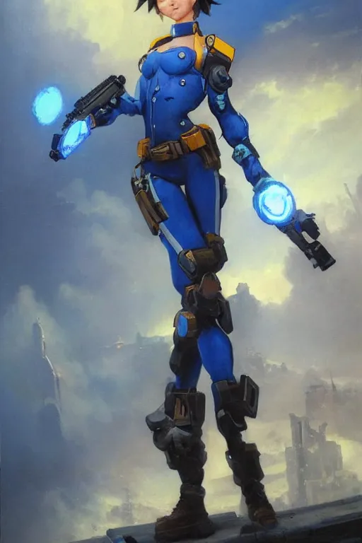 Image similar to oil painting of tracer overwatch in a dystopian city wearing blue uniform, in style of ivan aivazovsky, expressive face, detailed face, detailed eyes, full body, feminine face, tracer overwatch,
