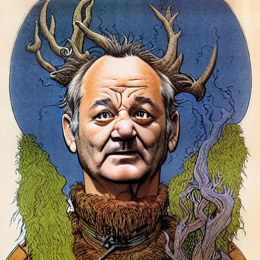 Prompt: a realistic and atmospheric portrait of bill murray as a druidic warrior wizard looking at the camera with an intelligent gaze by rebecca guay, michael kaluta, charles vess and jean moebius giraud