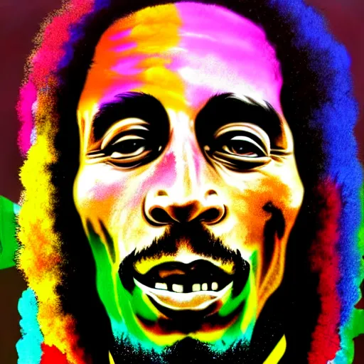 Image similar to an extremely psychedelic portrait of bob marley, surreal, lsd, face, detailed, intricate, elegant, lithe, highly detailed, digital painting, artstation, concept art, smooth, sharp focus, illustration