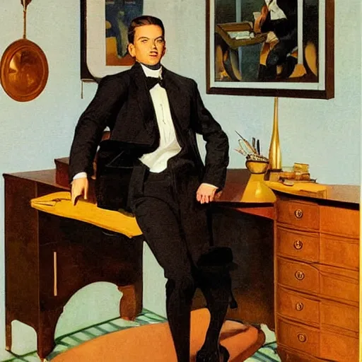 Prompt: man in futurist room, desk with coffee and black suit by leyendecker and dean cornwell, 8 feet from the camera, futuristic furniture