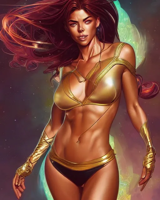 Image similar to ultra realistic illustration, young denise richards as starfire anime, intricate, elegant, highly detailed, digital painting, artstation, concept art, smooth, sharp focus, illustration, art by artgerm and greg rutkowski and alphonse mucha and wlop