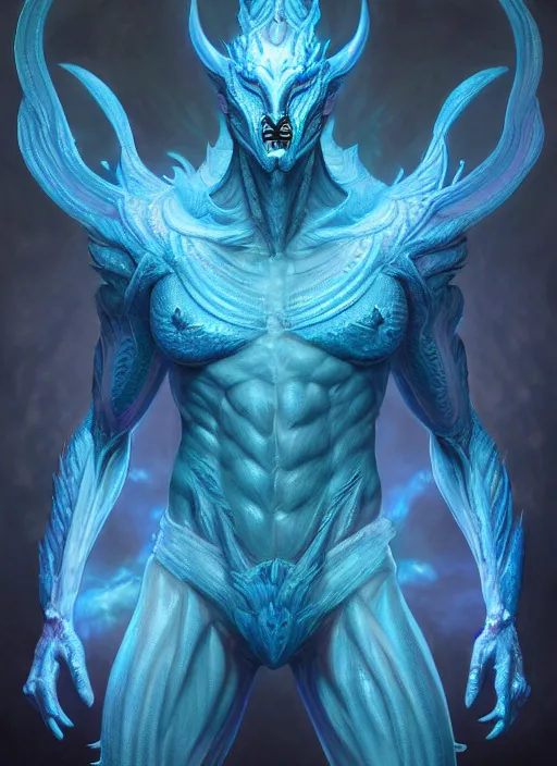 Image similar to muscular and tall blue ghostly fire humanoid dragon!!!! draconian!! intricate ornate iridescent exoesqueleton!! character concept art, sharp focus, octane render! unreal engine 5! highly rendered!! trending on artstation!! detailed linework!! illustration by artgerm, wlop, and chie yoshii