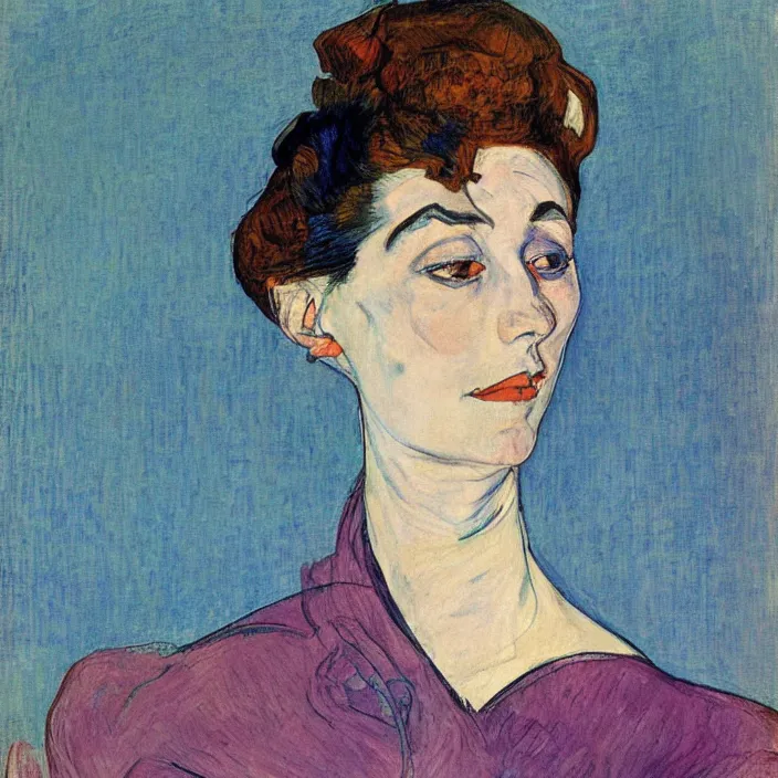 Prompt: portrait of a woman with iris. indigo blue. henri de toulouse - lautrec, egon schiele