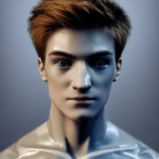 Image similar to “a realistic detailed photo of a guy who is an attractive humanoid who is half robot and half humanoid, who is a male android, twitch streamer Ninja Tyler Blevins, shiny skin, posing like a statue, blank stare, displayed”