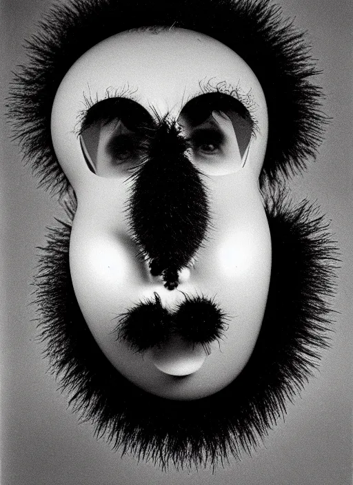 Image similar to realistic object photo of head made of black and white ping pong balls, hairy fluffy caterpillars, readymade, dadaism, fluxus, man ray, x - ray, electronic microscope 1 9 9 0, life magazine photo