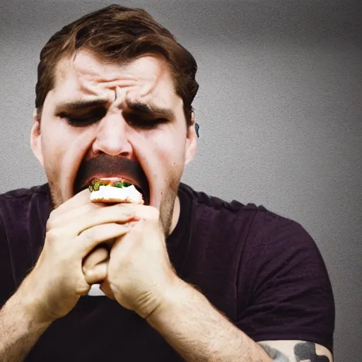 Image similar to a man eating a sandwhich while looking sad, realistic photo,