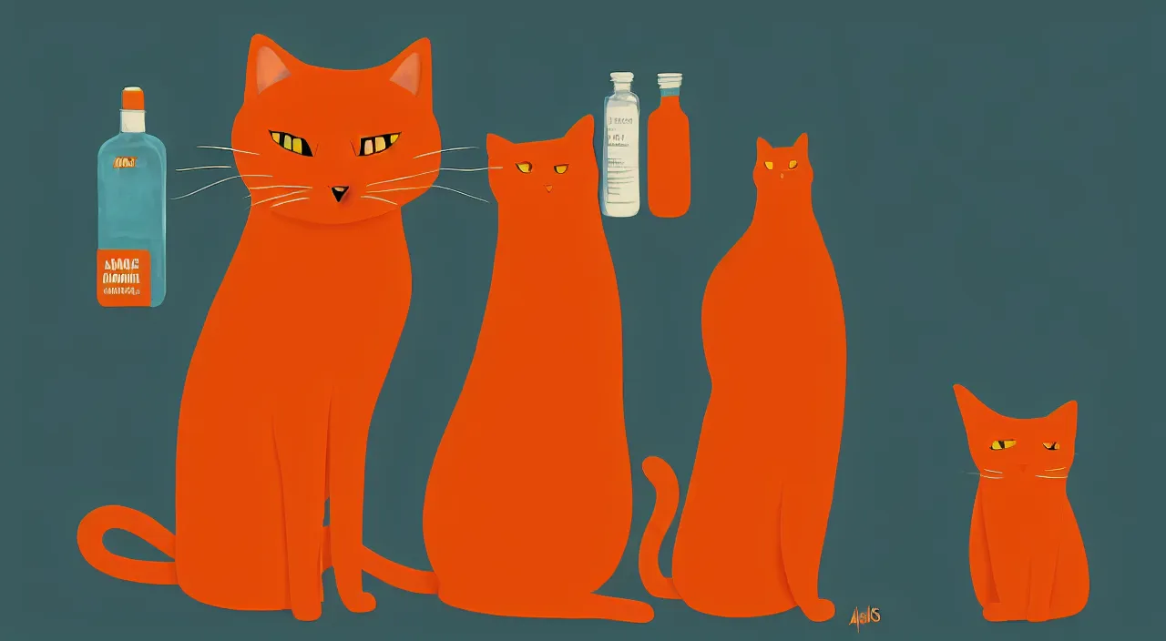 Image similar to a cat standing next to a bottle of medicine. orange cat. animal. digital art. artstation. illustration.