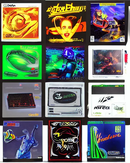 Image similar to Various graphics card box art late 90s early 2000s graphics card boxes box art 90s 2000s y2k futuristic cheesy metallic alien cgi motion blur voodoo graphics cyborg pc gaming liquid silver millennium nvidia ati elsa hercules prophet