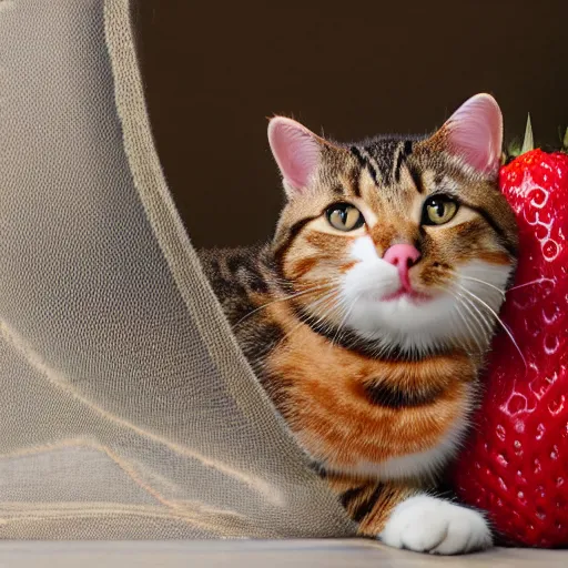Prompt: a cat with the skin of a strawberry, photo