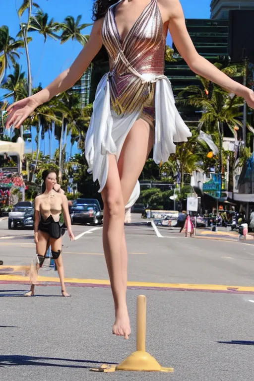 Image similar to Gal Gadot doing sophisticated hula, rule of thirds, lovely, elegant, set on Kalakaua avenue stage