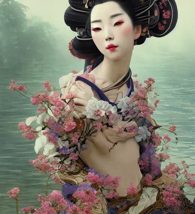 Image similar to baroque portrait of one yakusa biomechanic android geisha with tattoos is lying down in a river made of thousand of flowers, backlighting, photorealistic, octane render, 8 k, depth of field, art by artgerm and greg rutkowski and alphonse mucha and uang guangjian