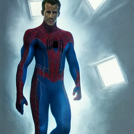 Image similar to ryan reynolds as a black and blue suit spider - man, cinematic, volumetric lighting, f 8 aperture, cinematic eastman 5 3 8 4 film, photorealistic by greg rutkowski, by stanley artgerm, by alphonse mucha