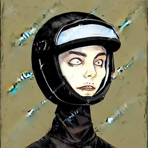 Prompt: portrait of girl wearing a helmet, in the style of enki bilal and dave mckean, isolated on white