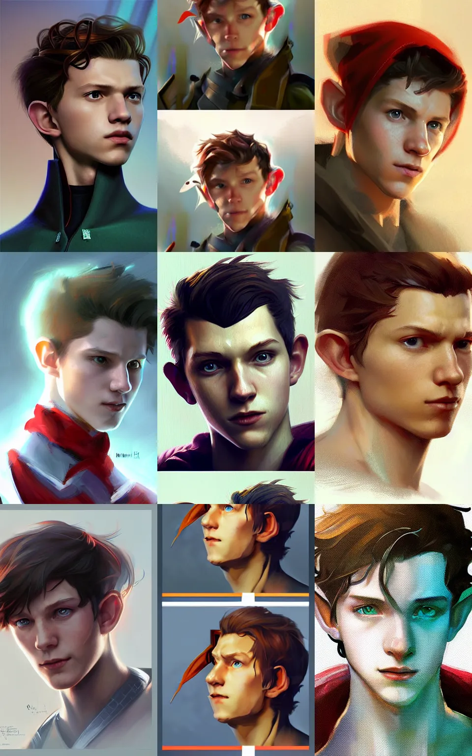 Prompt: character concept portrait, tom holland as a elf, style digital painting, concept art, smooth, sharp focus, illustration, from metal gear, by ruan jia and mandy jurgens and william - adolphe bouguereau, artgerm