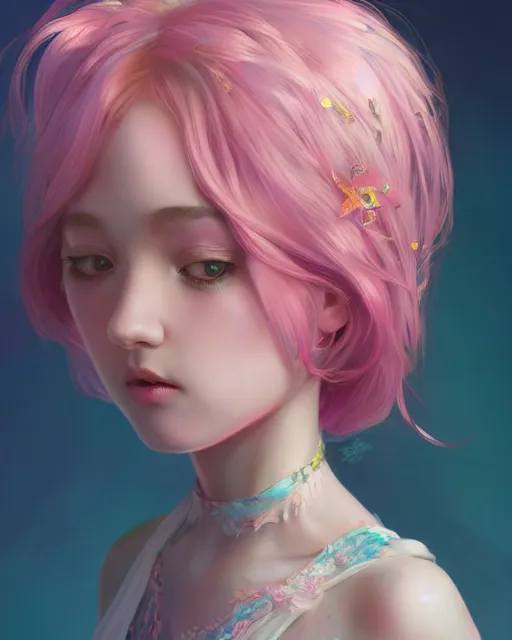 Image similar to beautiful girl pink blob hair, cute, intricate, highly detailed, digital painting, trending on artstation, concept art, smooth, sharp focus, backlit, rim light, vivid colors, illustration, unreal engine 5, 8 k, art by rossdraws and alphonse mucha