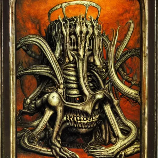 Prompt: monsters consumed transformed transmutation in a fiery alchemical cauldron painted by giger