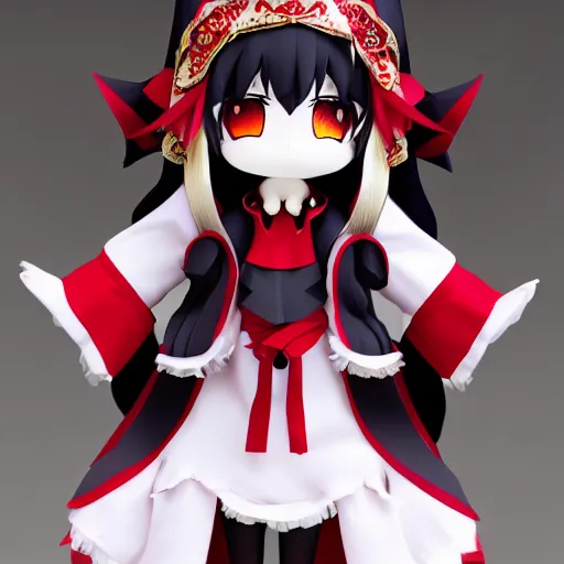 Image similar to cute fumo plush of the priestess of the blood god, summoning circle maiden, black and white and red, vray