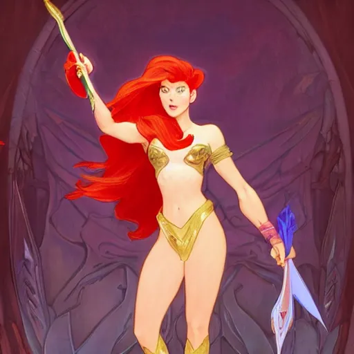 Image similar to Ariel as She-Ra in the Master of Universe, highly detailed, digital painting, artstation, concept art, smooth, sharp focus, illustration, ArtStation, art by artgerm and greg rutkowski and alphonse mucha and J. C. Leyendecker and Edmund Blair Leighton and Katsuhiro Otomo and Geof Darrow and Phil hale and Ashley wood and Ilya repin and Charlie Bowater