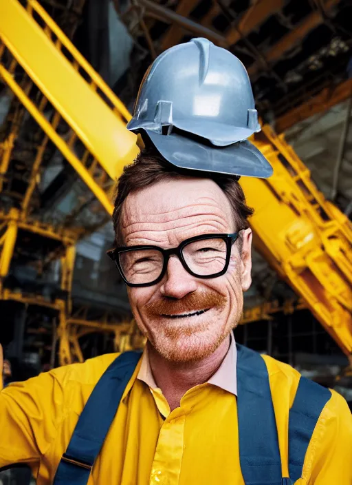 Image similar to closeup portrait of cheerful bryan cranston operating a crane, sitting in a crane, yellow hardhat, sitting in a crane, natural light, bloom, detailed face, magazine, press, photo, steve mccurry, david lazar, canon, nikon, focus