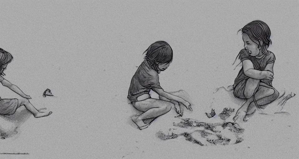 Prompt: little boy and girl play in sand in beach , Line art, b&w, high quality, how to draw, trending on artstation