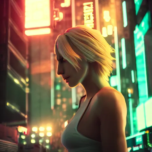 Image similar to Annie Leonhart in a neon city, octane render 8k, atmospheric render