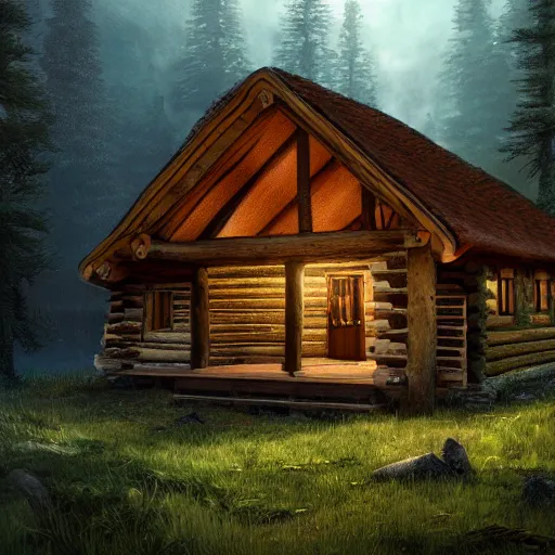 Image similar to log cabin in the woods by the lake, diffused lighting, highly detailed cinematic, epic composition, highly detailed, atmospheric, wide angle, artstation trending, warm green colors, computer art, concept art