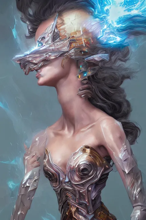 Prompt: torso closeup model wearing exploding ice electricity dress, sorcerer, diamonds, angel, fantasy, dramatic lighting, highly detailed, digital painting, holding electricity, magic the gathering, hyper detailed, 3 d render, hyper realistic detailed portrait, peter mohrbacher, wlop, ruan jia