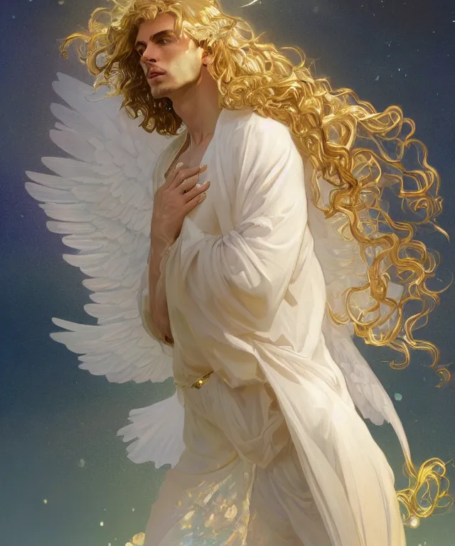 Image similar to fullbody portrait of a beautiful young fit male angel with curly blond hairs, full dressed in long fluent clothes, majestic big dove wings, luminous halo, by greg rutkowski and alphonse mucha, gradient white to gold, in front of an iridescent background, highly detailed portrait, digital painting, artstation, concept art, smooth, sharp focus illustration