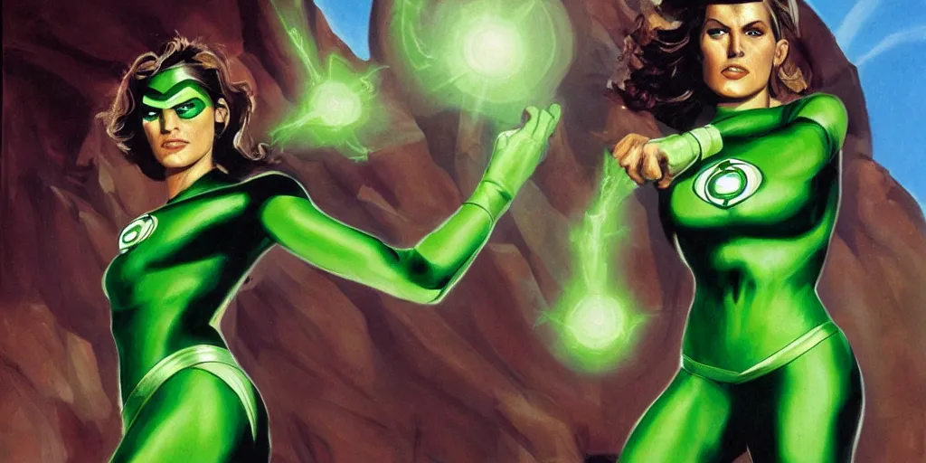 Image similar to Female portrait of Green Lantern in the morning sun, Alex Ross, oil painting