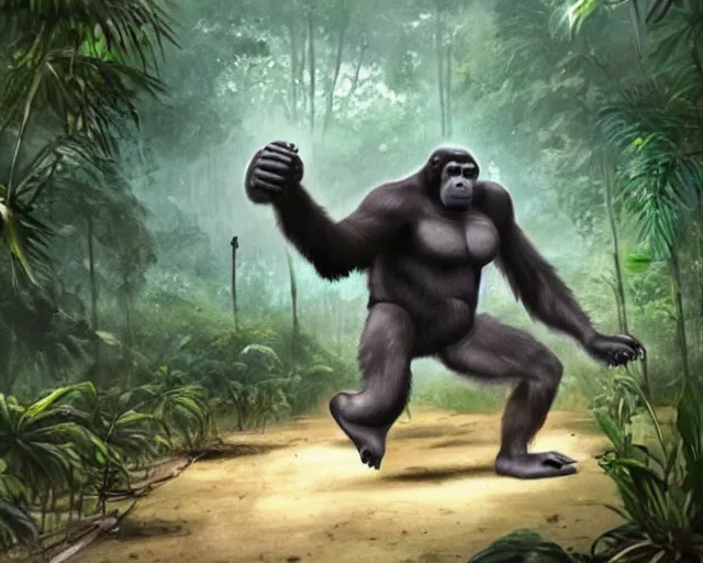 Image similar to a gorilla playing volleyball in a jungle, in the style of greg rutkowski