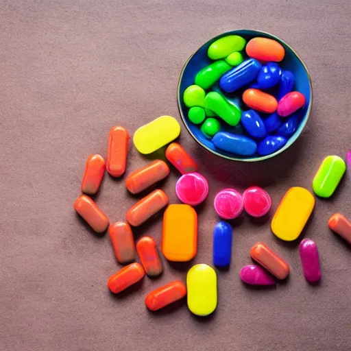 Prompt: Bowl containing a mixture of colorful, dangerous pills and harmless candies. Can you guess which is which?