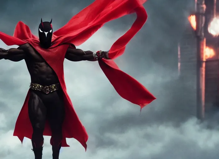 Image similar to film still of michael b jordan as spawn in the new spawn movie, giant chains, large cape, 8 k