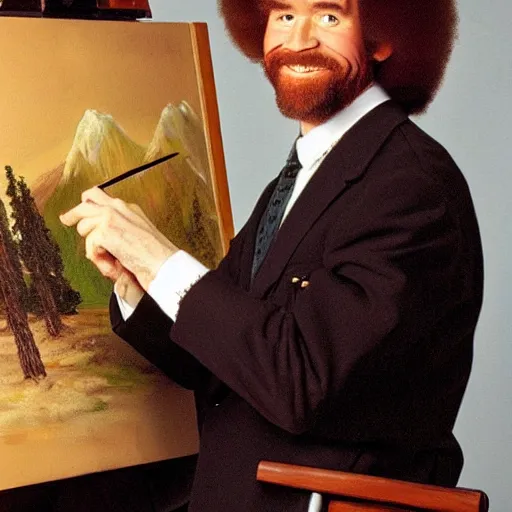 Image similar to a painting of bob ross painting a painting of bob ross holding a paintbrush, high quality, very detailed, artwork