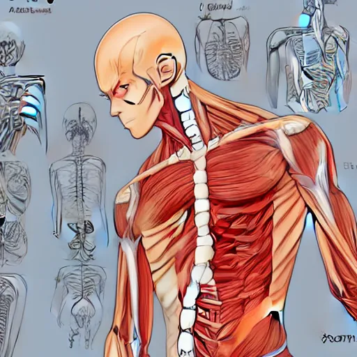 Image similar to anatomical, labelled, medical drawing of saitama with annotations to body parts, anime