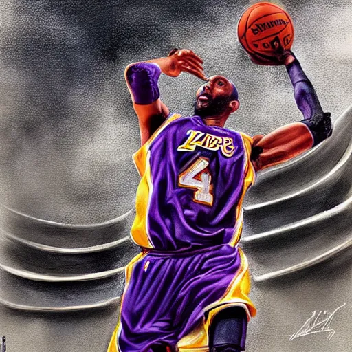 Image similar to a hyperdetailed digital oil painting of Kobe Bryant shooting on the basketball court in the 2010 Finals in the style of Guy Denning and Ruan Jia. Trending on ArtStation and DeviantArt. Digital art