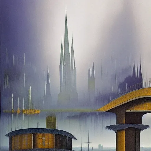 Image similar to by yves tanguy, by thomas w schaller doom. a beautiful land art of a cityscape with tall spires & delicate bridges.