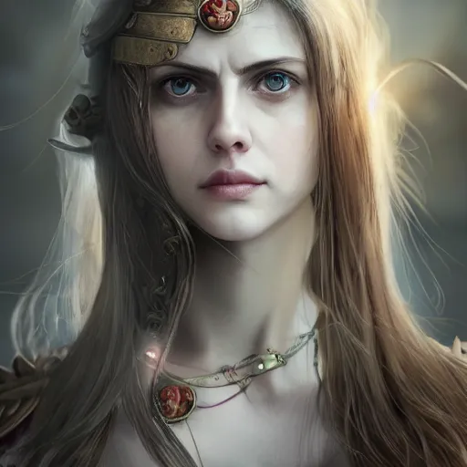 Image similar to alexandra daddario as a long - red - haired female knight as an absurdly beautiful, elegant, young sensual anime girl,, ultrafine hyperrealistic detailed face illustration by kim jung gi, irakli nadar, intricate linework, sharp focus, bright colors, matte, final fantasy, unreal engine highly rendered, global illumination, radiant light, intricate environment