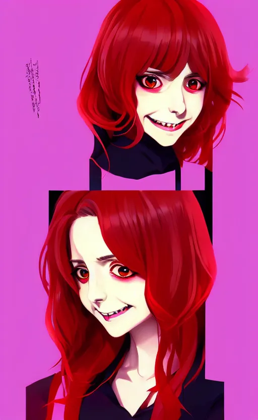 Image similar to beautiful anime vampire girl Alison Brie sharp teeth, red glowing hair, smiling, full body pose, symmetrical face symmetrical eyes, blurry background, Jamie McKelvie comic art, Alexandra Fomina artstation, face by Ilya Kushinov style, style by Loish, Norman Rockwell, painterly style, flat illustration