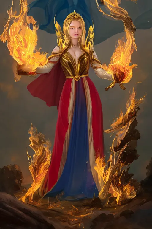 Prompt: Full portrait of Elementalist, female, gorgeous, beautiful face, Red and blue garments, yellow robes, brass bracelets, transparent cloak from neck to ankles, pin-up, surrounded by fire, surrounded by ice, surrounded by thunder, highly detailed, smooth, sharp focus, digital painting, illustration, by by Albert Aublet, Krenz Cushart, WLOP and Sakimichan, artstation