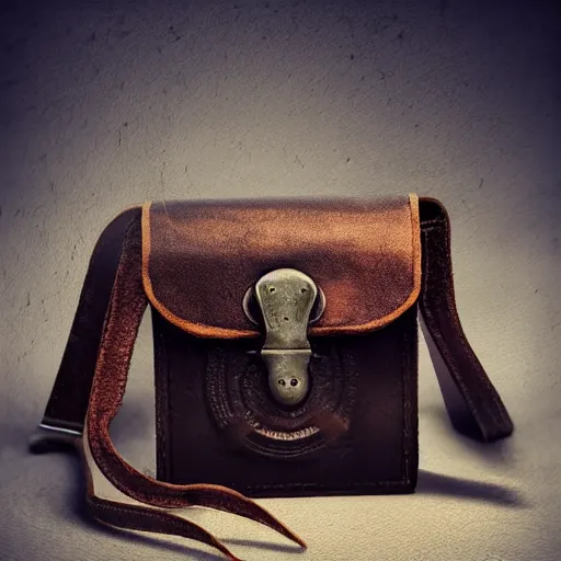 Image similar to a small leather bag, fantasy illustration, medieval era, blank background, studio lighting, digital art